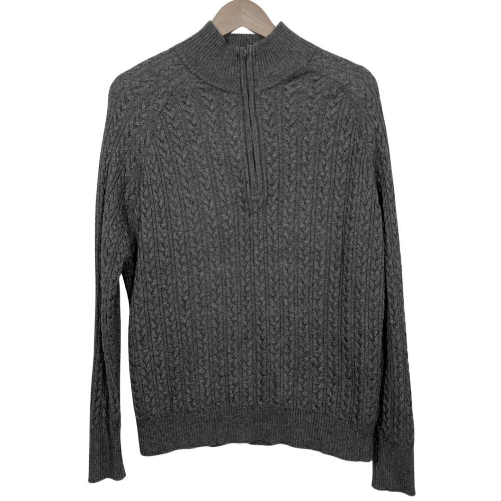 LINK Grey Cashmere & Angora Cotton Blend 1/4 Zip Cable knit Sweater Size: XL